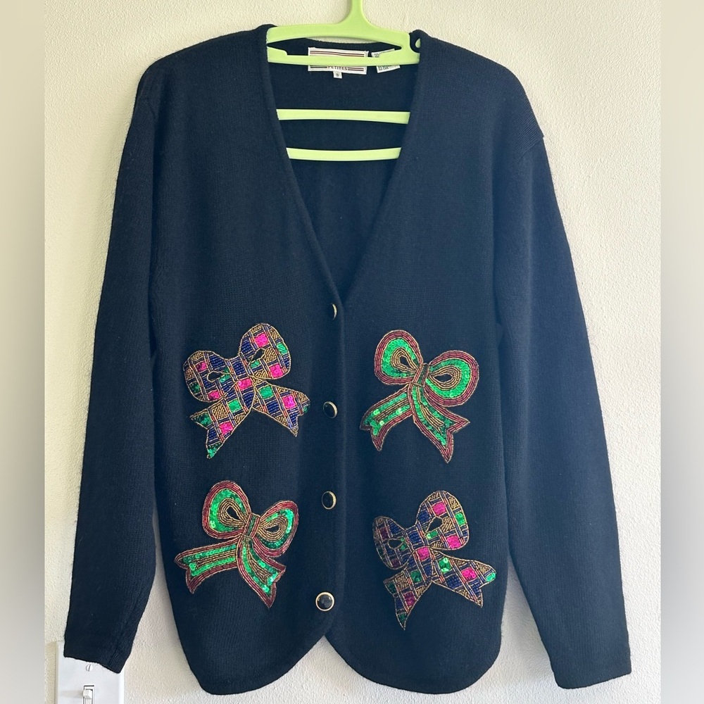 Westbound Black Cardigan-Lambswool/Rabbits Hair-with Multicolor Sequin/Bead Bows